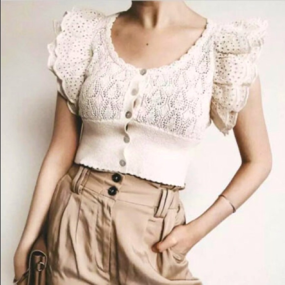NWT Zara Pointelle RuffledKnit Crop Top Size S